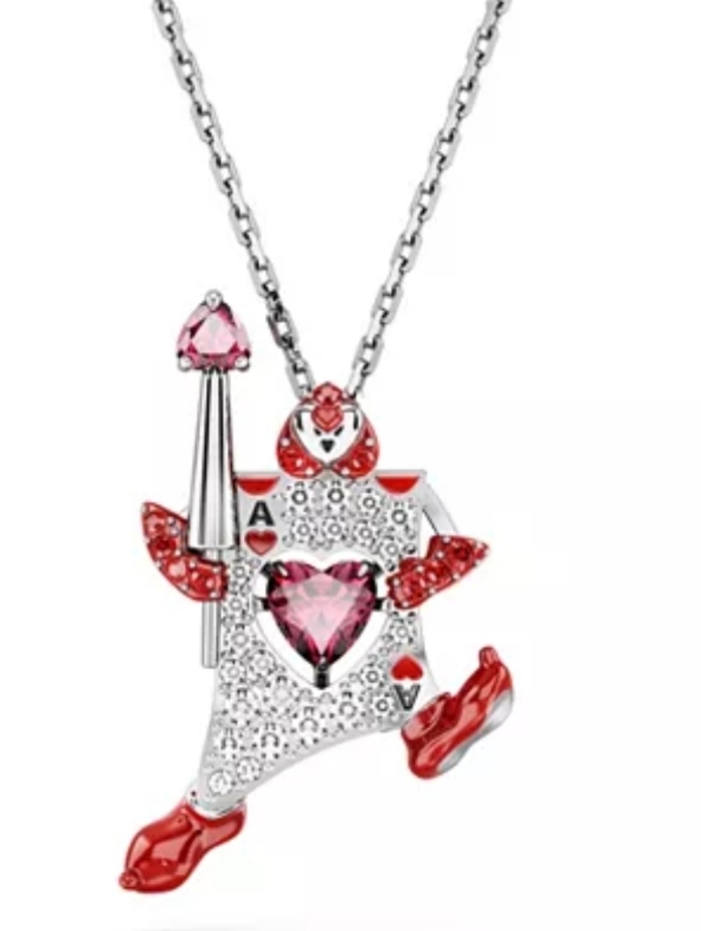Swarovski Playing Card, Red, Rhodium Plated Alice In Wonderland Pendant Necklace